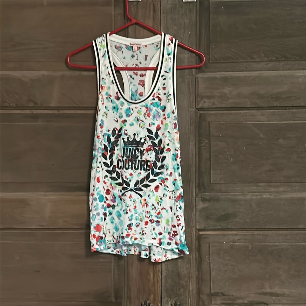 Juicy Couture Watercolor Paint Splatter Tank‎ Top Black Glitter Crown Sz Small